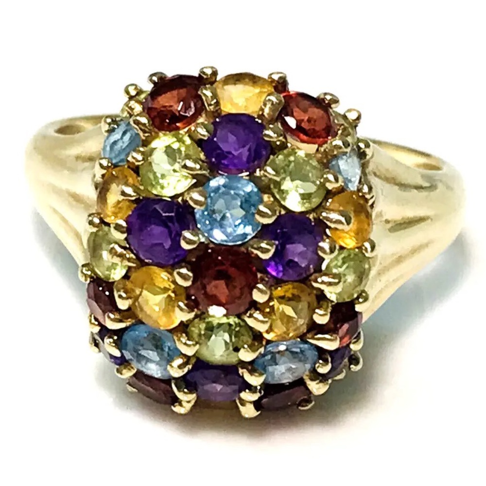 Dome Multiple Natural Gemstone Ring Garnet Amethyst 10K Yellow Gold size 10.5